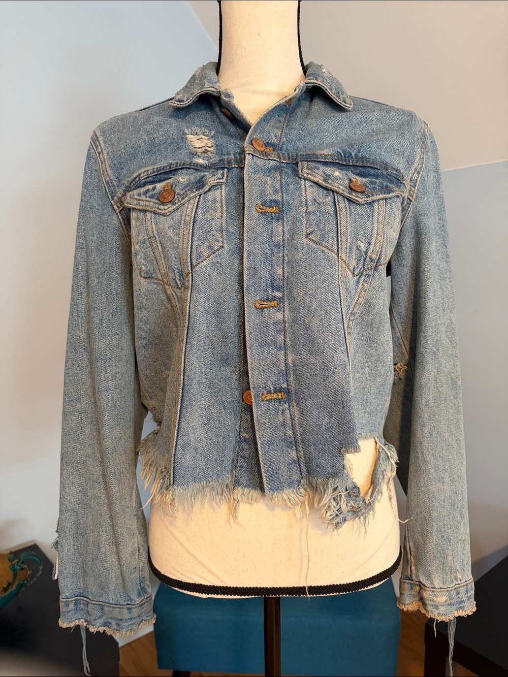 Zara TRF Distressed Light Blue Denim Jacket